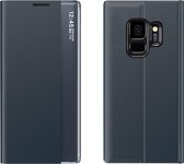 Voor Galaxy S9 Zijdisplay Met Magnetische / Beugelfunctie / Slaapfunctie Effen structuurdoek + PC Flip Case (donkerblauw)