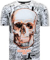 Heren T-shirt  Doodskop  - Rhinestones - 7356 - Wit