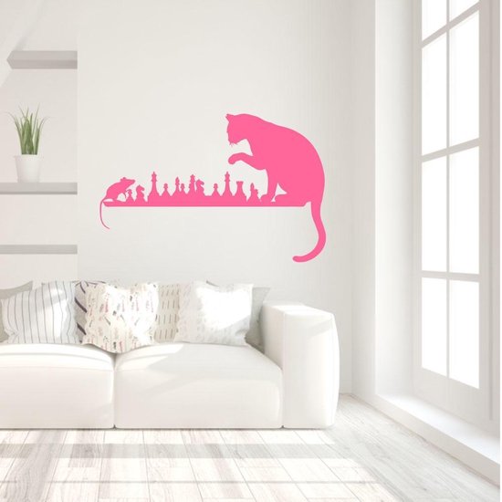 Muursticker Kat En Muis Spelen - Roze - 160 x 105 cm - baby en kinderkamer - muursticker dieren alle muurstickers baby en kinderkamer slaapkamer woonkamer