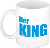 Her King cadeau koffiemok / theebeker wit met blauwe letters - 300 ml - keramiek - fun tekst beker / cadeaumok