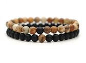 Armband heren - kralen dubbel snoer - zwart mat en bruin en geel gemêleerd - 6 mm - 20 cm - Sorprese - unisex - model E - Cadeau