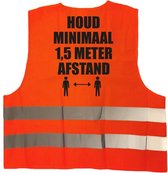 Houd 1,5 meter afstand pictogram vest / hesje - oranje met reflecterende strepen - volwassenen - veiligheidsvest werkkleding - RIVM regels/richtlijnen - flatten the curve / stay safe