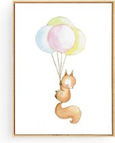 Postercity - Design Canvas Poster Eekhoorntje met Ballonnen / Kinderkamer / Dieren Poster / Babykamer - Kinderposter / Babyshower Cadeau / Muurdecoratie / 50 x 40cm