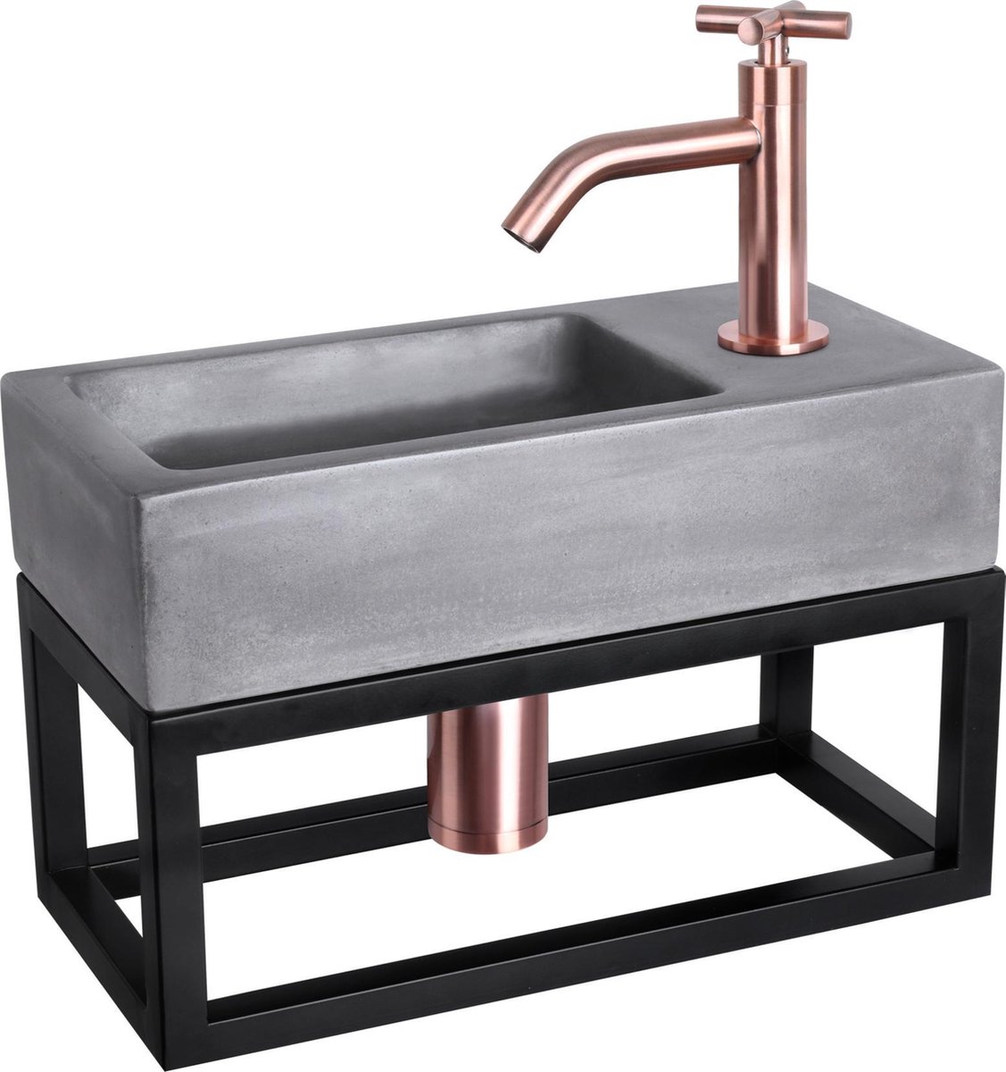 Differnz Ravo Fonteinset 38.5x18.5x25cm 1 kraangat gebogen kruisgreep rose koper kraan met sifon en afvoerplug fontein Rechthoek Beton Donker grijs