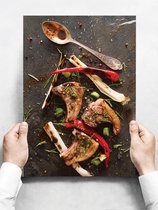 Wandbord: Culinair Eten, Lamskotelet met rode pepers! - 30 x 42 cm