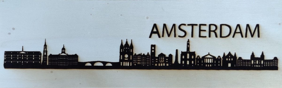 Houten skyline Amsterdam - Gebrand hout - Wanddecoratie / muurdecoratie - 38cm x 11.5cm x 12mm - Het Rijksmuseum - De Grote Kerk - De Torensluis - Paleis op de Dam - Populierenhout