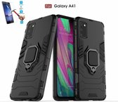 Samsung Galaxy A41 Robuust Kickstand Shockproof Zwart Cover Case Hoesje - 1 x Tempered Glass Screenprotector ATBL