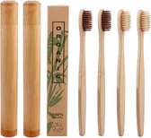 Bamboe tandenborstels |Set Van 4 Tandenborstels Plus 2 Bamboe Kokers| Medium soft | Biologisch Afbreekbaar | 2 Creme - 2 Bruin|