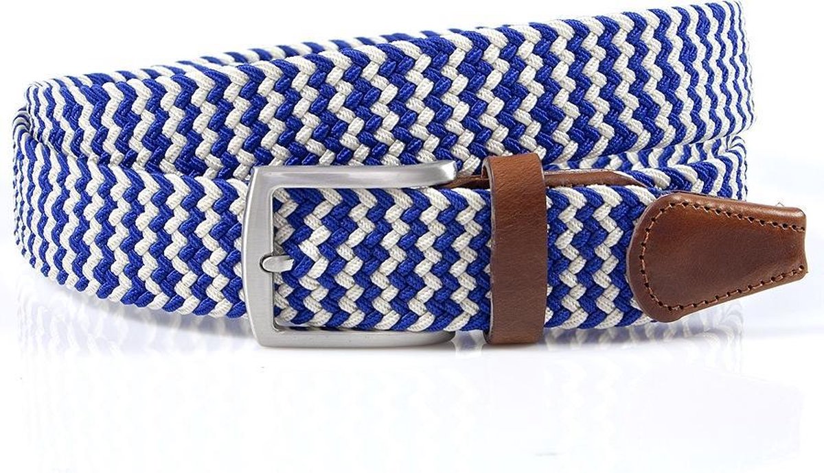 Thimbly Belts Nette blauw witte riem afgewerkt met leer - heren en dames riem - 3.5 cm breed - Blauw / Wit - Echt Katoen / Leer - Taille: 105cm - Totale lengte riem: 120cm