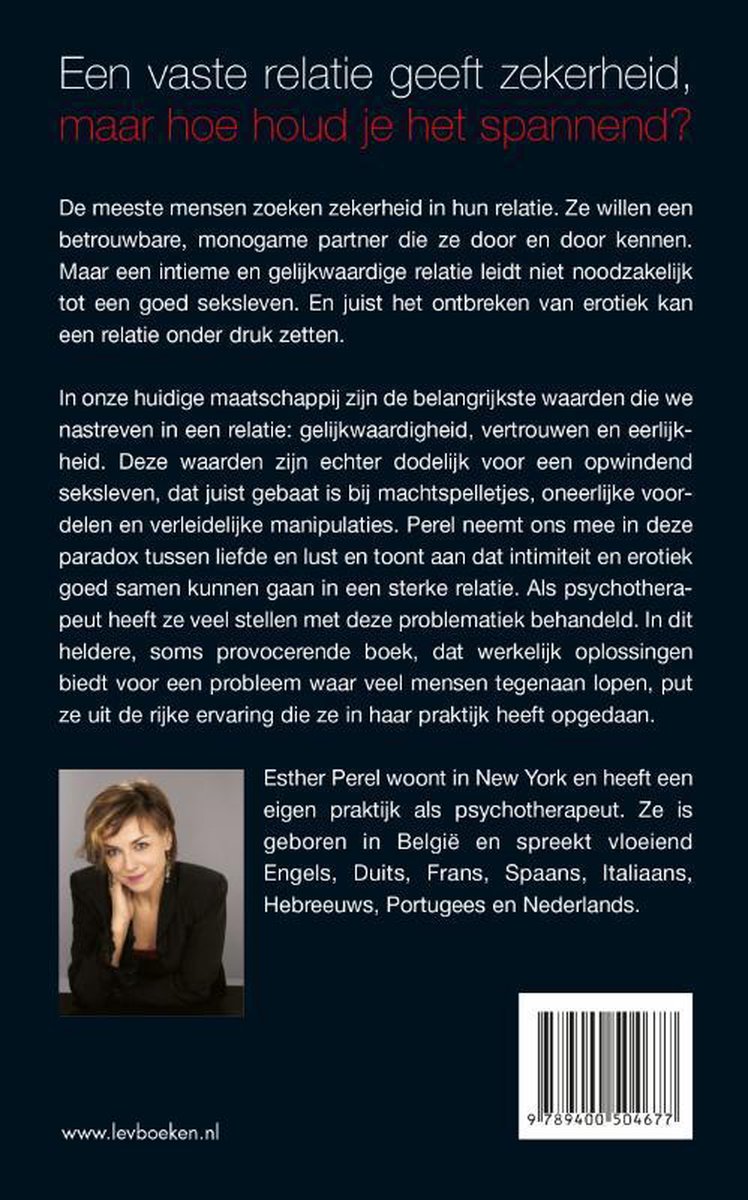 Achterkant van een boek met een foto van Esther Perel en een samenvatting.