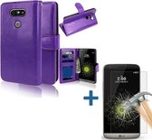 LG G5 Portemonnee hoes paars met Tempered Glas Screen protector