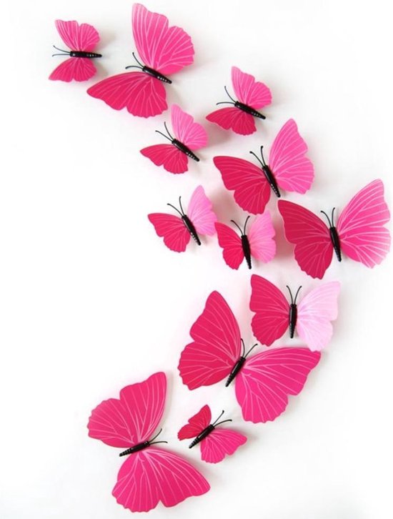 Muursticker 3D vlinders roze - 12 stuks