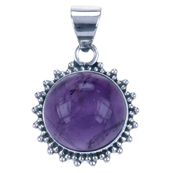 Foto: Zilveren amethyst rond met kartelrand ketting hanger