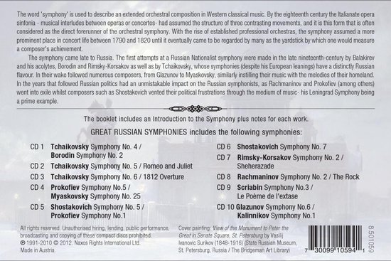 Bok, op de rug van de tekst. Met de titel 'Great Russian Symphonies' en Naxos logo. Verder met de namen van de componisten en de titels van de symfonieën.