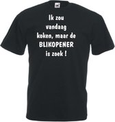 Mijncadeautje Unisex T-shirt zwart (maat L) Ik zou koken maar de blikopener is zoek