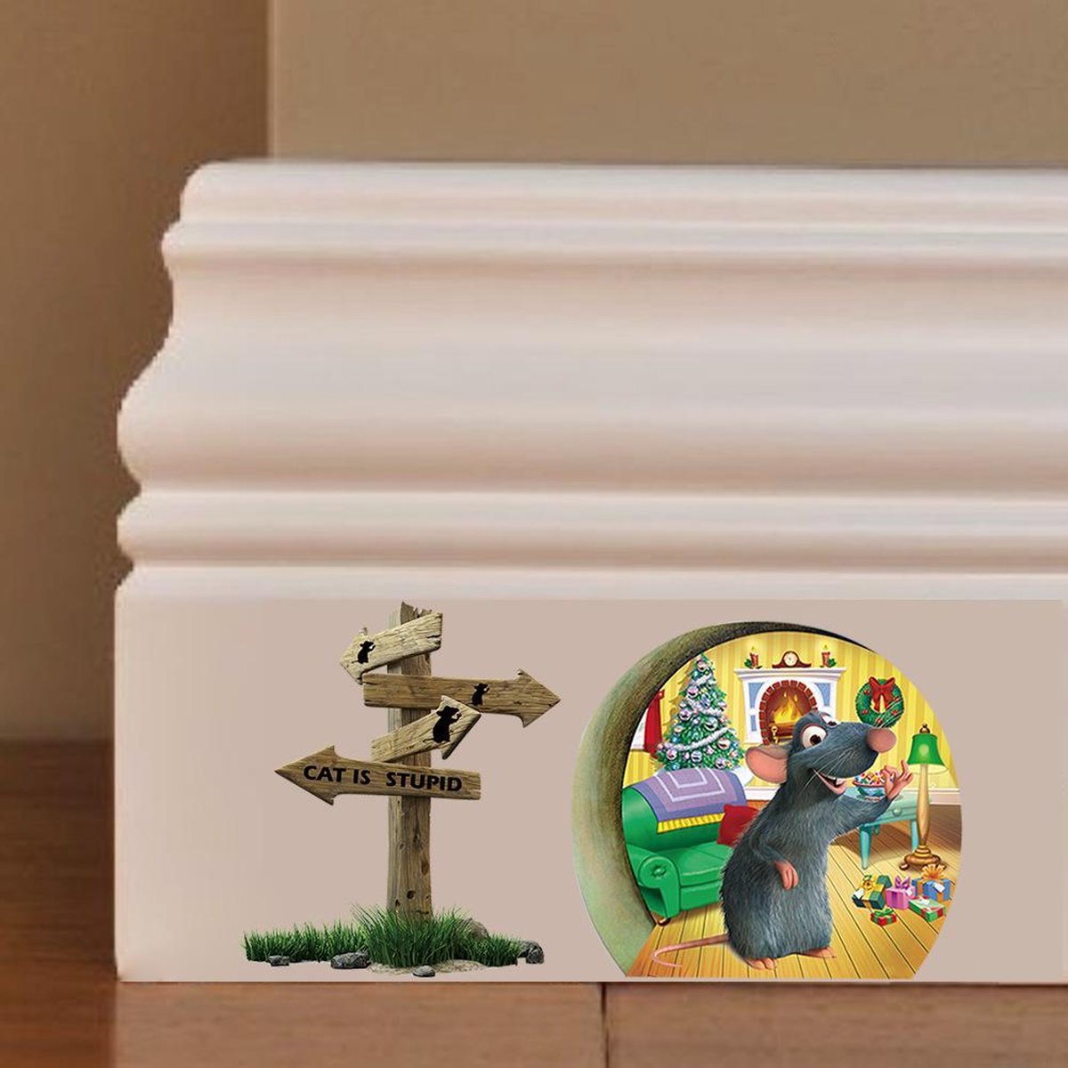 Woondecoratie Muursticker 3D Grappig Gat in de Muur met Klein Muisje