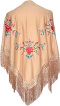 Spaanse manton  - omslagdoek - beige met bloemen in driehoek bij verkleedkleding of flamenco jurk