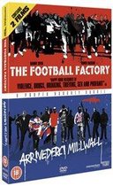DVD-hoes met twee films, 'THE FOOTBALL FACTORY' en 'ARRIVEDERCI MILLWALL'. Posters met silhouetten van groepen mannen en de Britse vlag.