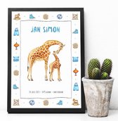 Geboorteposter met naam - Gepersonaliseerde print op mooi dik papier - kraamcadeau - Dieren in aquarel - Zebra - Olifant - Giraf - Dolfijn - A3 formaat