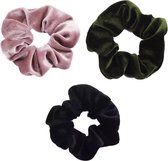 Scrunchie 3 stuks Velvet Extra Vol en Luxe - haarelastiek haarwokkel scrunchies - oudroze - donkergroen - zwart - Kraagjeskopen.nl