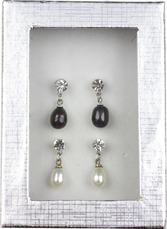 Zoetwater parel oorbellen cadeau Set Big Crystal Pearl W-B - oorstekers - echte parels - wit - stras steentjes - geschenkverpakking