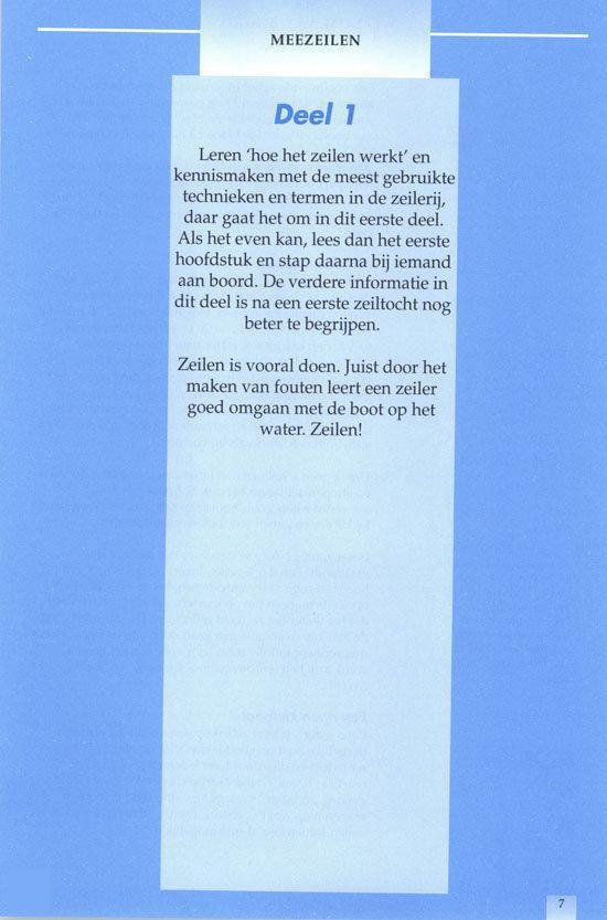 Titelpagina van 'Deel 1 Meezeilen' van 'Het Zeilboek' met blauwe achtergrond.