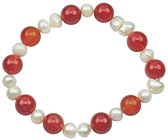 Zoetwater parel armband met edelsteen Pearl Red Agate - echte parels - agaat - wit - rood - elastisch