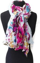 Dames sjaal met bloemen - gekreukt viscose - wit - roze - paars - magenta - turquoise- geel - 110 x 180 cm