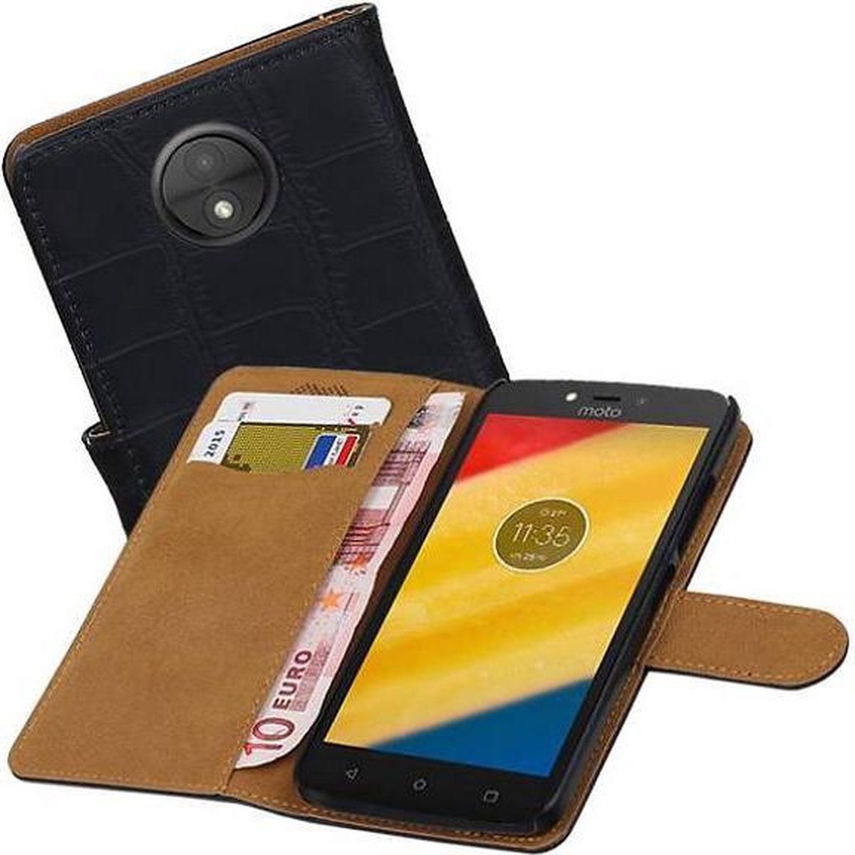 Croco Bookstyle Wallet Case Hoesjes Geschikt voor Moto C Plus Zwart