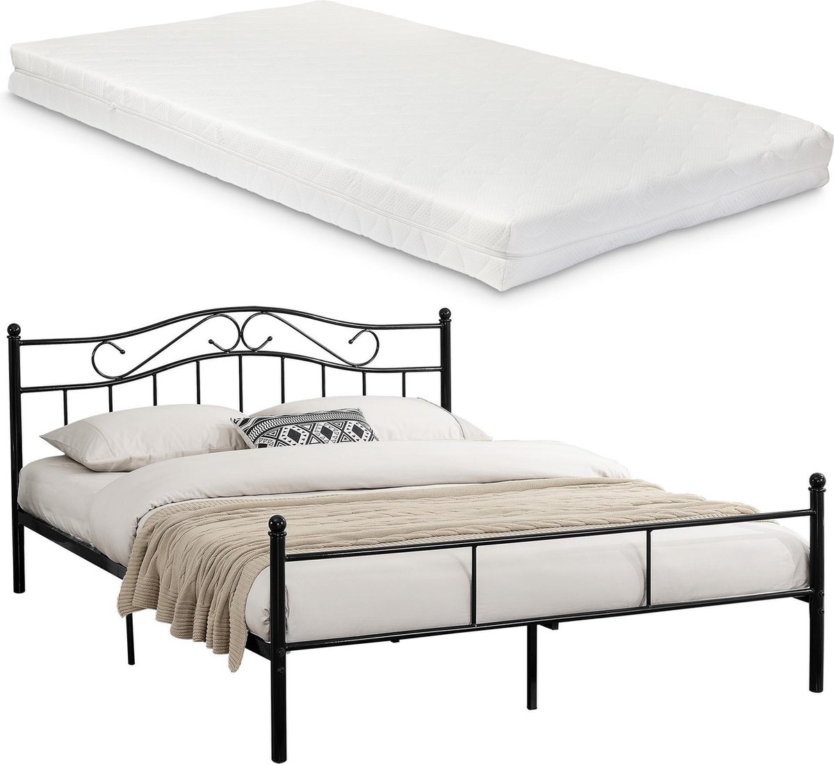 en.casa Metalen-frame bed - Florenz - Zwart met Matras - 200x160cm