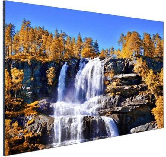 Wanddecoratie Metaal - Aluminium Schilderij Industrieel - Waterval - Noorwegen - Natuur - 180x120 cm - Dibond - Foto op aluminium - Industriële muurdecoratie - Voor de woonkamer/slaapkamer
