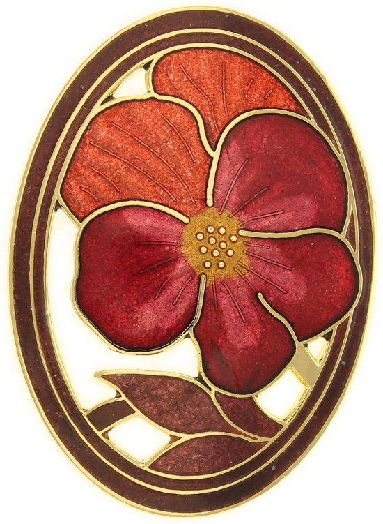 Behave® Dames Broche ovaal bloem viooltje rood - emaille sierspeld -  sjaalspeld  5 cm