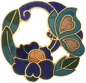 Behave® Dames Broche rond met bloem en vlinder blauw groen - emaille sierspeld -  sjaalspeld  4 cm