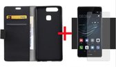 iCall - Huawei P9 Lederen TPU Wallet Case Zwart - Portemonee Hoesje - Book Case - Flip Cover - Klap - 360 beschermend Telefoonhoesje + Screenprotector