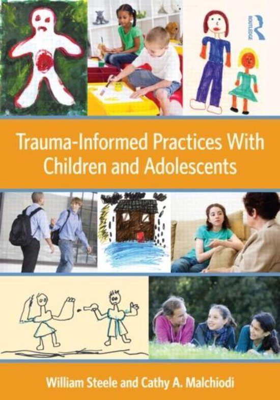 Boekomslag 'Trauma-Informed Practices With Children and Adolescents' met afbeeldingen van kinderen en tekeningen.