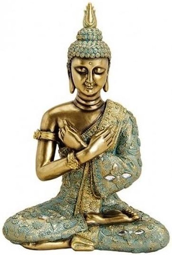 Boeddha beeldje goud/groen 33 cm - Tuin decoratie/woonaccessoires Boeddha beelden