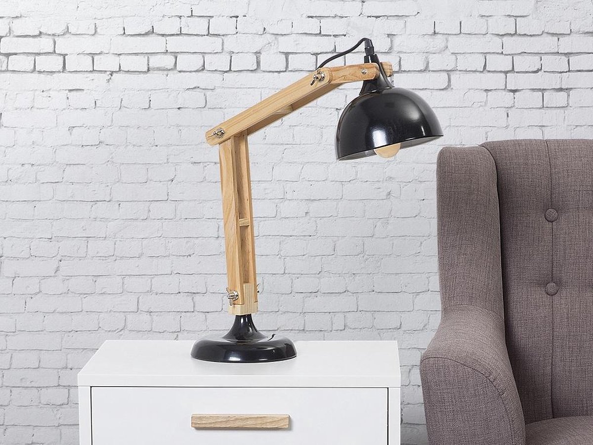 Bureaulamp met hout in zwart, tafellamp, industrieel SALADO