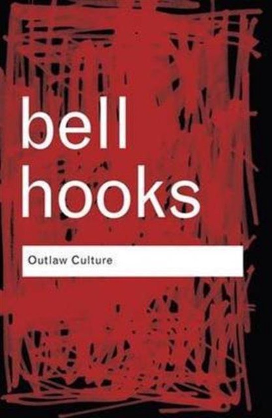 Boekomslag van Outlaw Culture door bell hooks met witte tekst op een rode, krabbelige achtergrond.