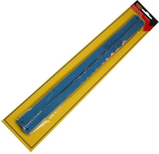 Twee blauwe ijzerzaagbladen met "12" X 1/2" X 24T" op een gele kaart.