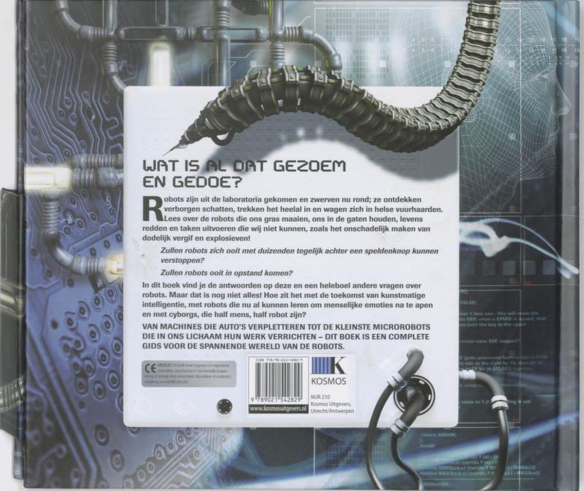Boekomslag met de titel 'Wat is dat, Robots en wat doen ze'. Met circuits en grijze robotarm.