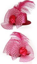 6x Mini hoedje pink glitter met bloem, veren en gaas