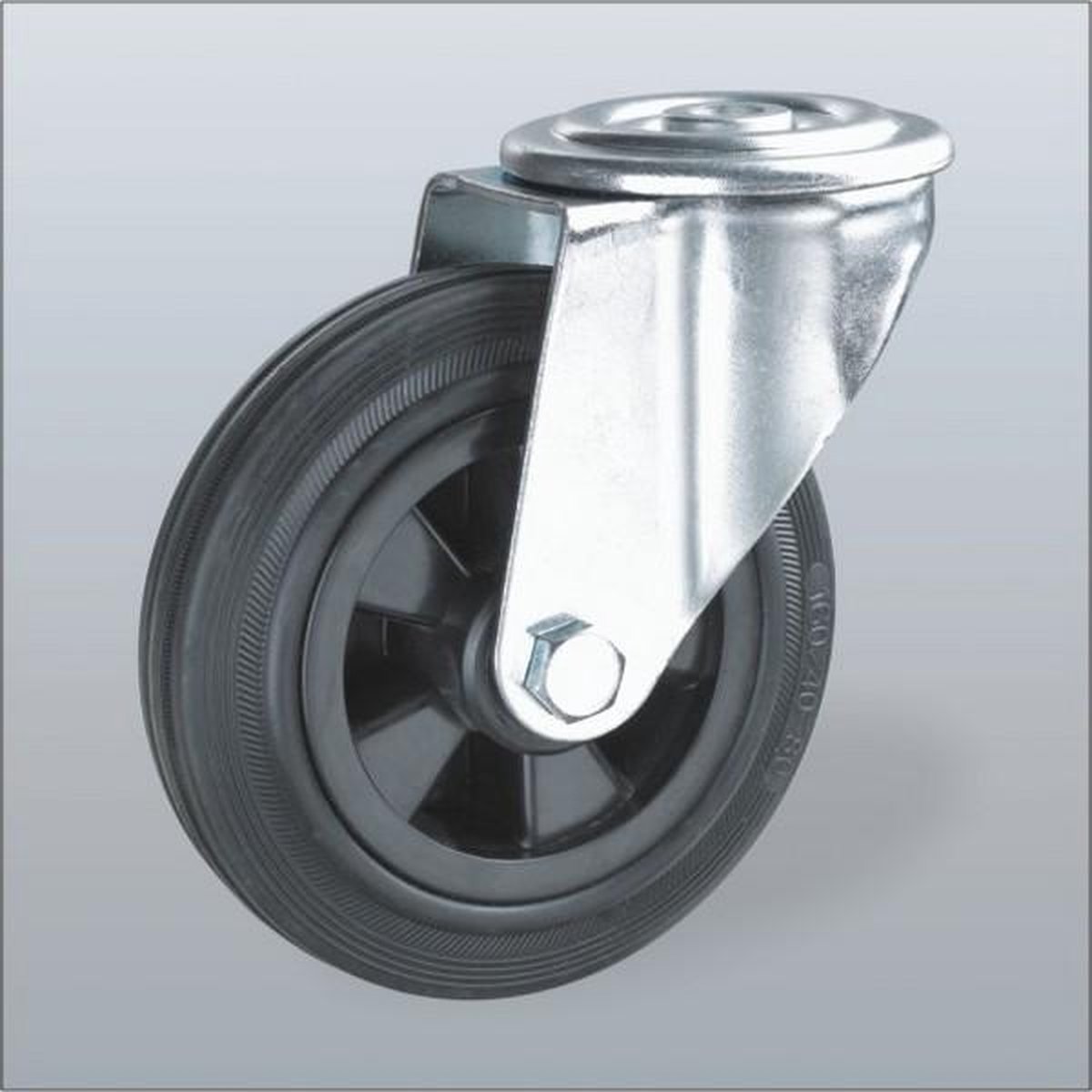 Rubber zwenkwiel met centraal gat - 100mm - 100kg