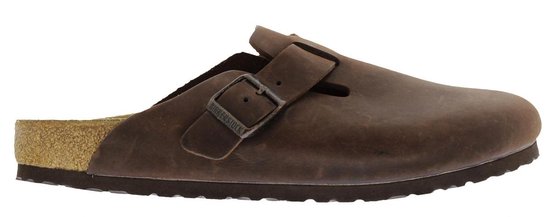Sabot Birkenstock Boston marron avec boucle métallique et semelle intérieure en liège.