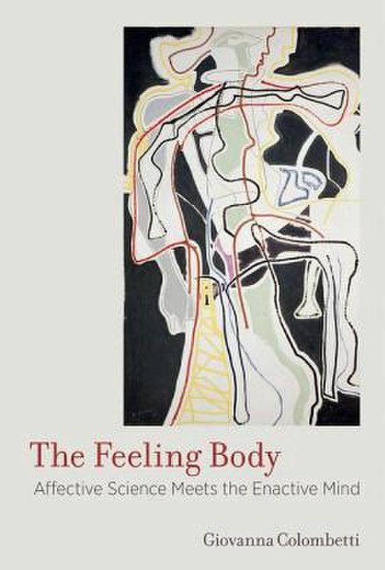 Boekomslag met abstracte lijnen die een lichaam vormen in kleuren als zwart, wit, geel, rood en groen. Titel: The Feeling Body.