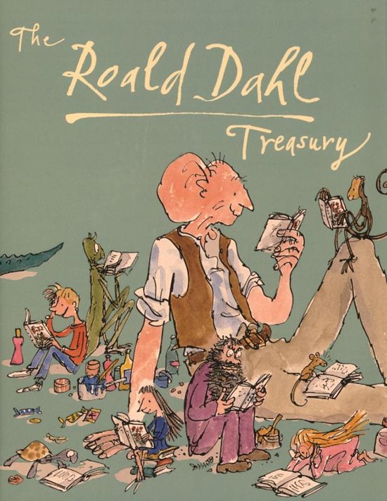 Boekillustratie van 'The Roald Dahl Treasury' met trollen en kinderpersonages die op een blauwgroene achtergrond lezen.