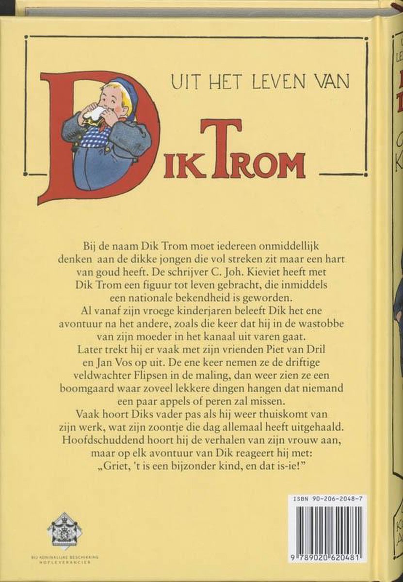 De achterkant van het boek 'Uit het leven van Dik Trom'. Met illustratie van Dik Trom, die met zijn vinger in zijn neus peutert.
