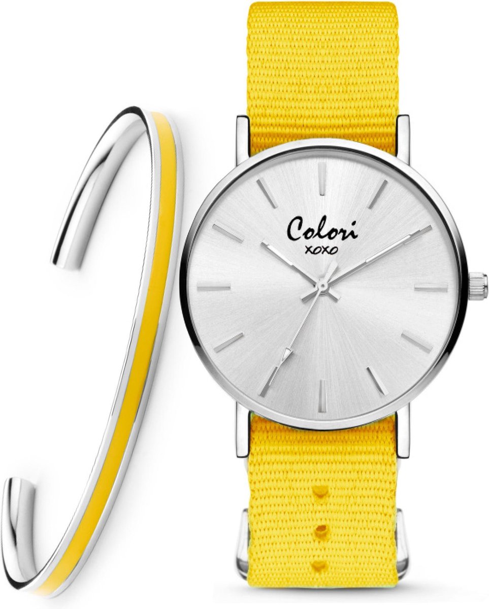 Colori XOXO 5 COL551 Horloge Geschenkset met Armband - Nato Band - Geel - ø 36 mm