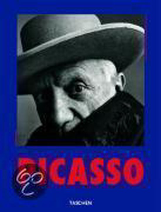 Portret van Picasso in een hoed en bontjas, met rode letters 'PICASSO'.