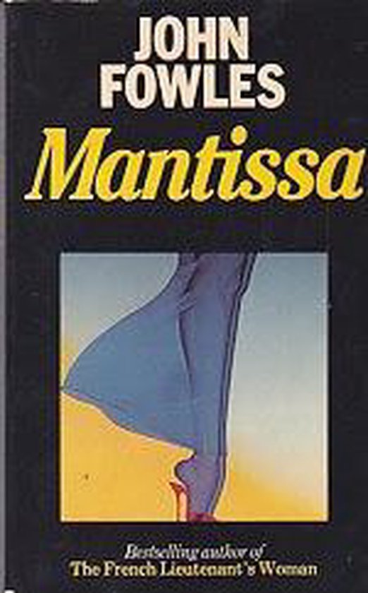 Boekcover van 'Mantissa' door John Fowles, met een abstracte afbeelding van blauwe stof en een rode hiel.