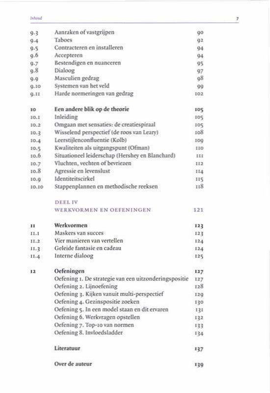 Inhoudsopgave van het boek, tonend hoofdstuk 9 en 10, en het deel over werkvormen en oefeningen.